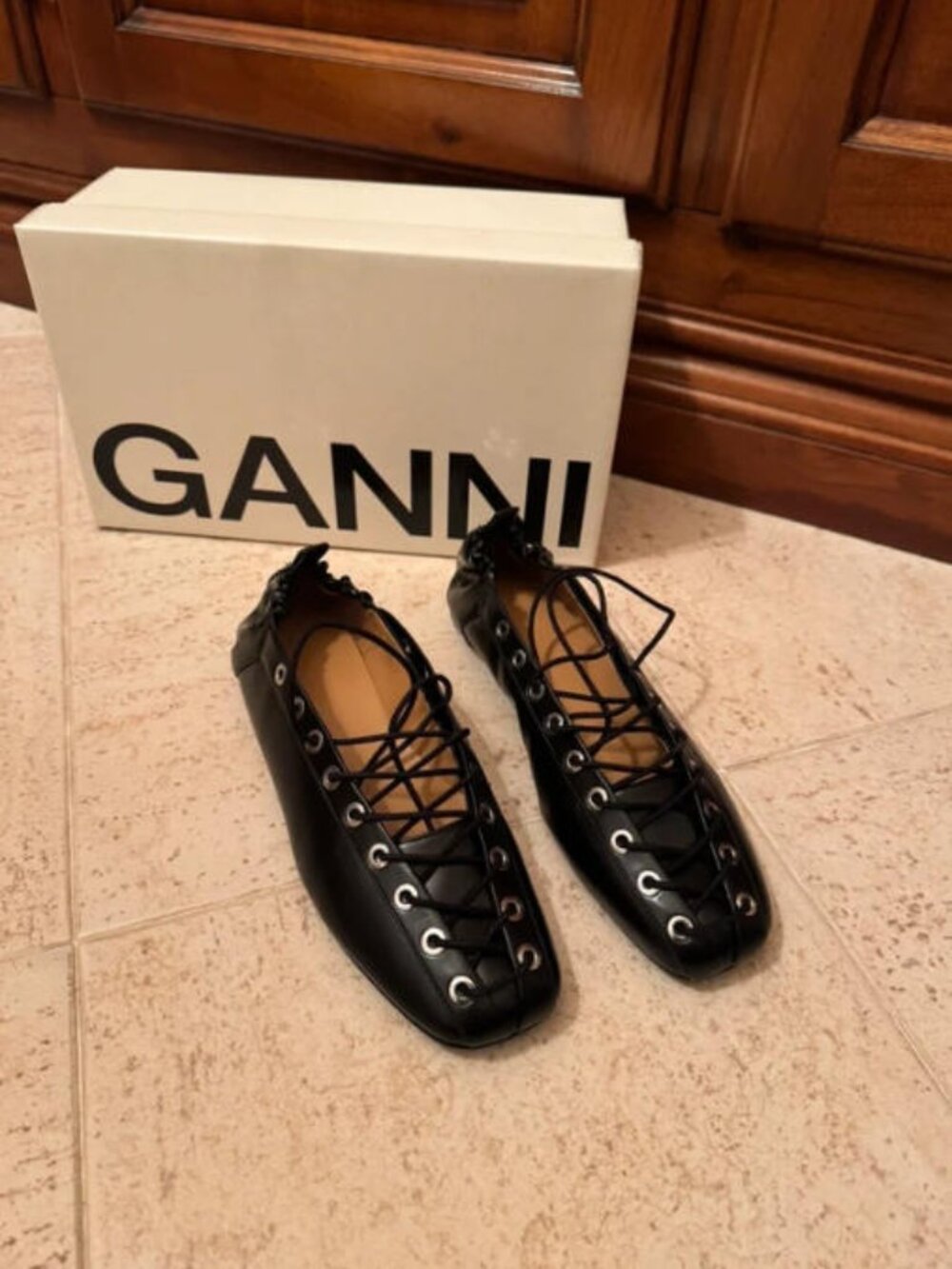 New GANNI Black Leather Lace-Up Ballerina Flats - Size 40